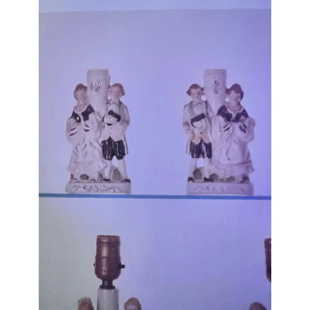 Occupied Japan Porcelain Colonial Couple Oil Lamp Base 7 Inch Vintage